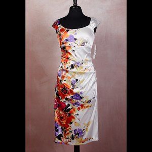 White Floral Stretch Satin Wiggle Dress